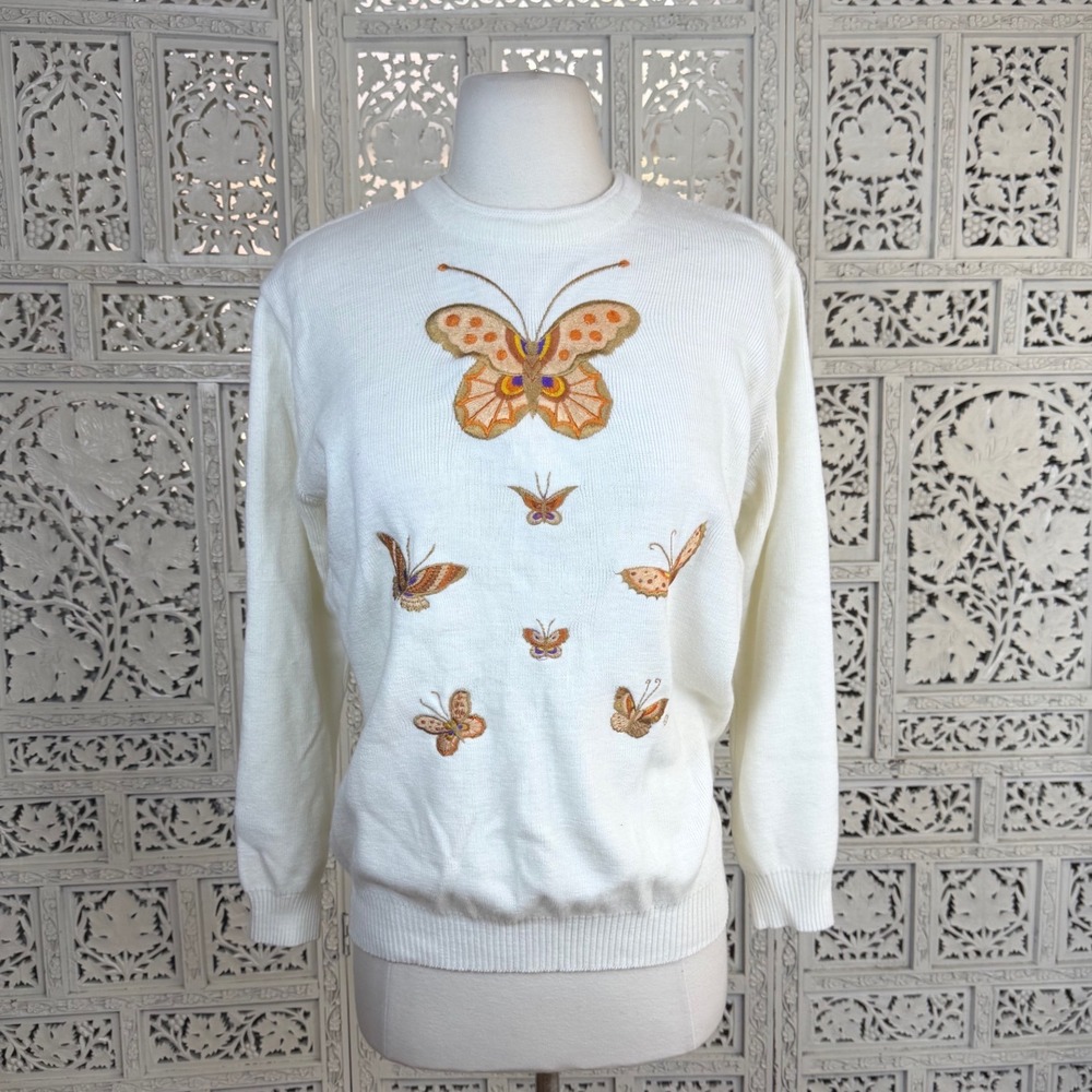 Vtg Butterfly Crew Neck Sweater Womens Small Retro Y2K‎ 90's Ribbed